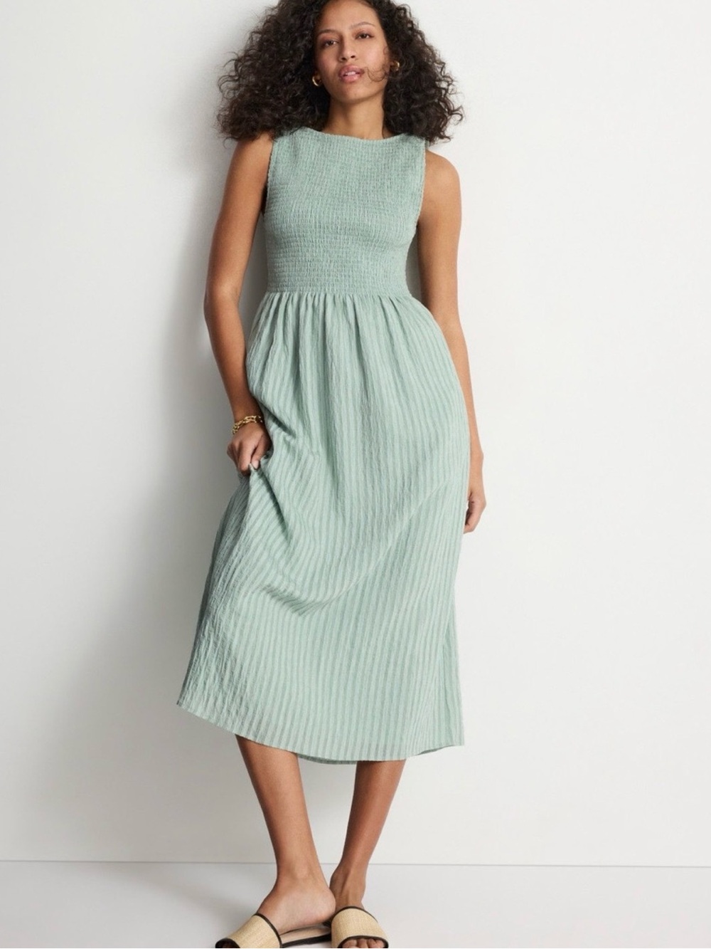 Hill House Cosima Smocked Midi Dress in Mint Seersucker Nap Dress Size L